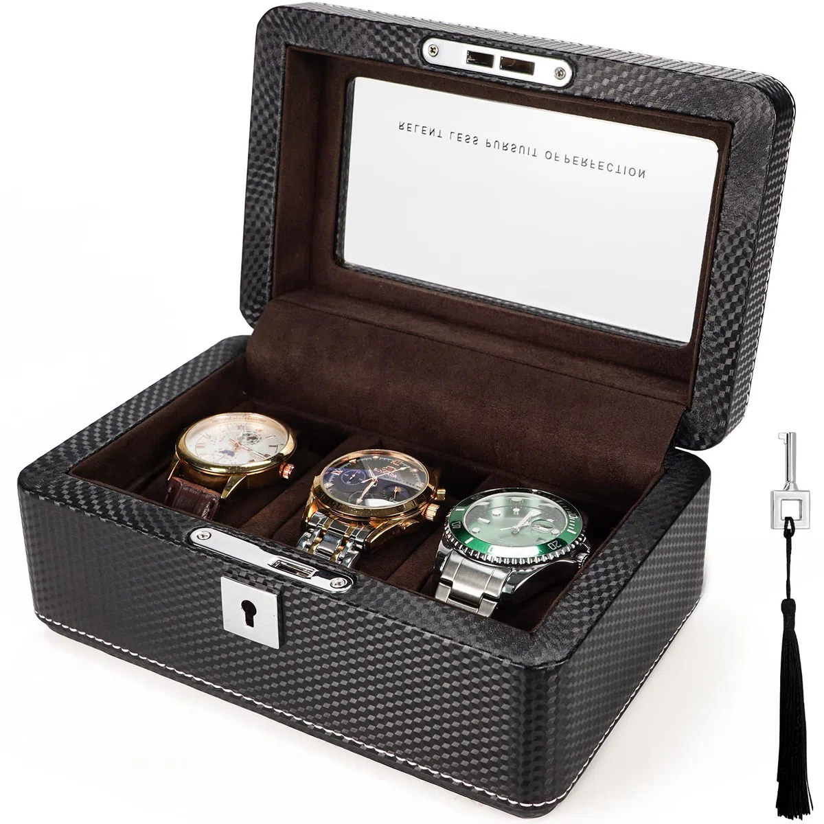 Scatola per orologi in pelle di alta qualità in fibra di carbonio per 3 orologi, con serratura, portatile, con vetrina, regalo ideale per collezionisti di orologi, viaggiatori, in velluto
