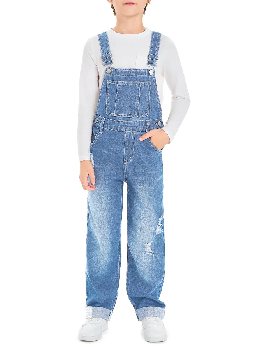 Haloumoning Salopette in denim per bambini con spalline regolabili, 5-14 anni | Pantaloni in denim per bambini, comode tasche per attrezzi, vestibilità ampia