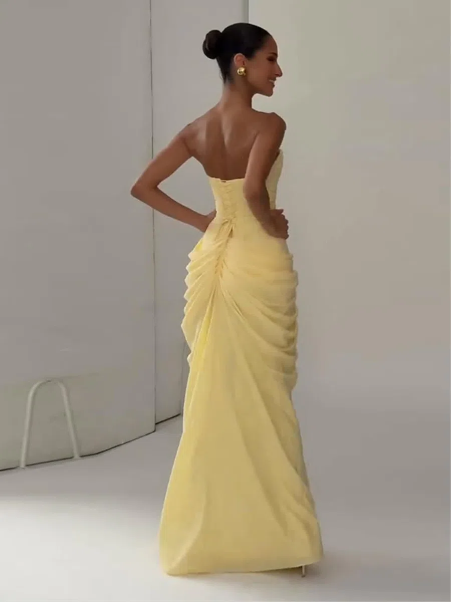 Vestito Elegante Abito da Festa Senza Cinturine Donna - Split Maniche Piegato in Vita per La Primavera, Sera E Gli Eventi Speciali-Yellow-s
