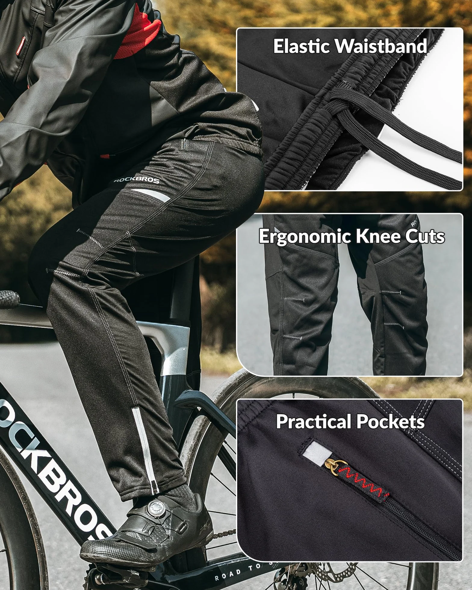 ROCKBROS Pantaloni Sportivi Invernali da Ciclismo, Pantalone per Bici Corsa Escursionismo Lavoro, Antivento Traspirante, Uomo Donna, con Pile Interno, Abbigliamento Sportivo