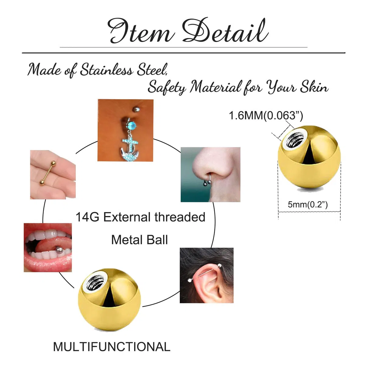 16G 14G 3/4/5/6mm Piercing Ball 25 Pzs Oro Piercing Palline Ricambio Palline Piercing Palla per Piercing Labret Monroe Tragus Helix Orecchino Bar Capezzolo Lingua Ombelico Piercing