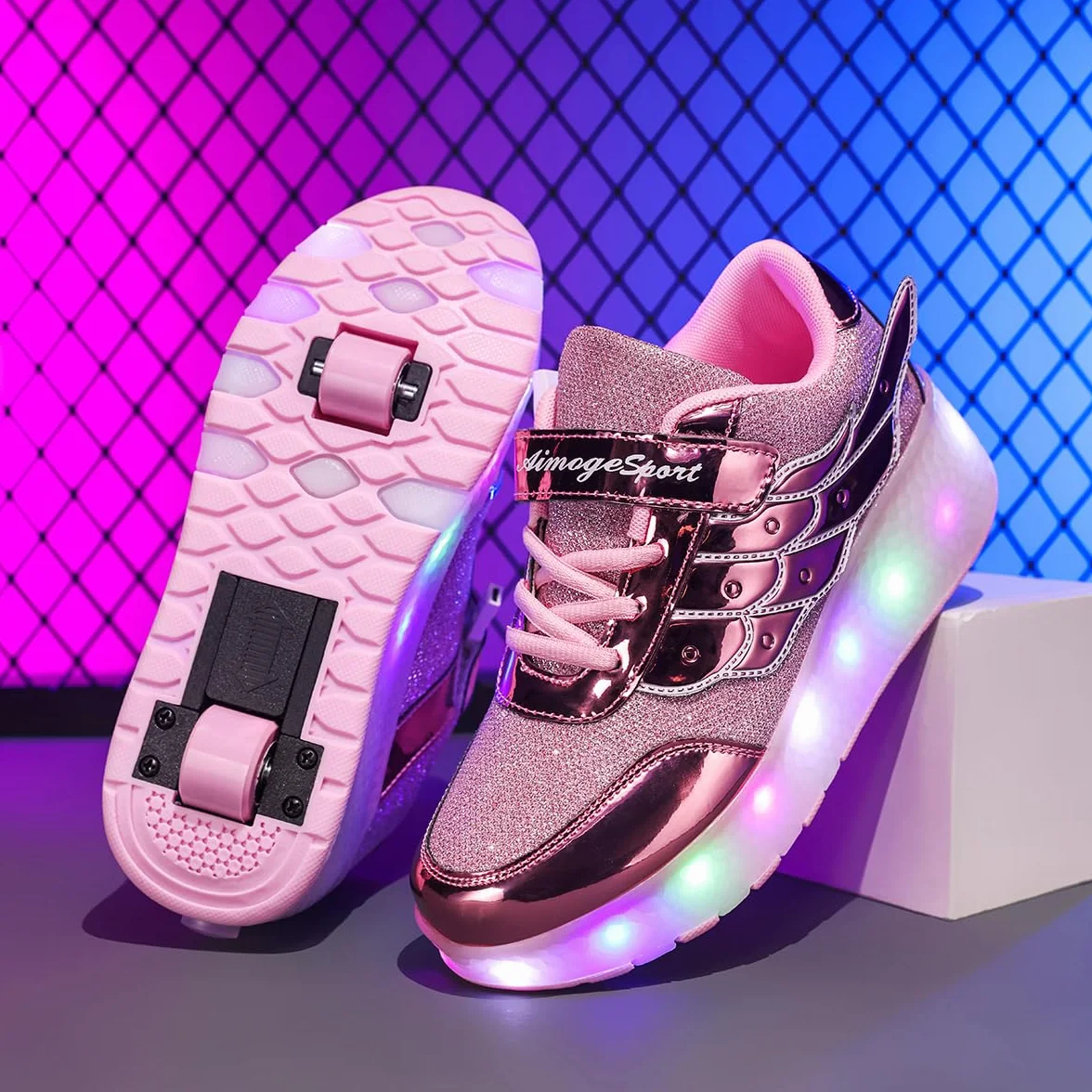 USB Ricarica LED Luci Brillantini Skateboard Scarpe Sportive con Rotelle Retrattile Sneakers Outdoor Multisport Luminose Running Calzature da Ginnastica per Bambini Ragazze e Ragazzi