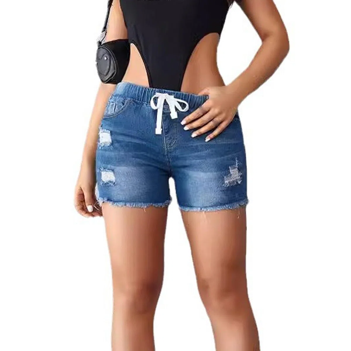 Generico Vita Elastica da Donna con Bordi con Nappe forate e Pantaloncini di Jeans sconfinati