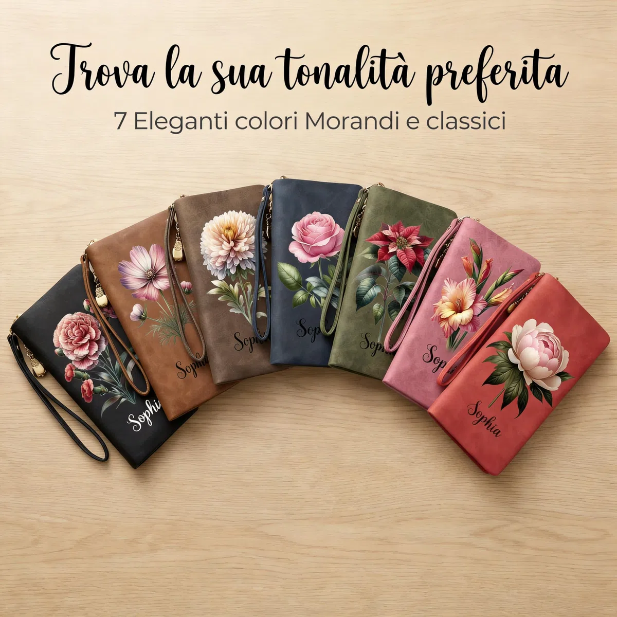 VEELU Personalizzato Regalo Festa della Mamma, Portafoglio Donna Personalizzato con Nome e Fiore di Nascita, Idea Originali Regalo per Compleanno Anniversario Donna Mamma Moglie (M-1)