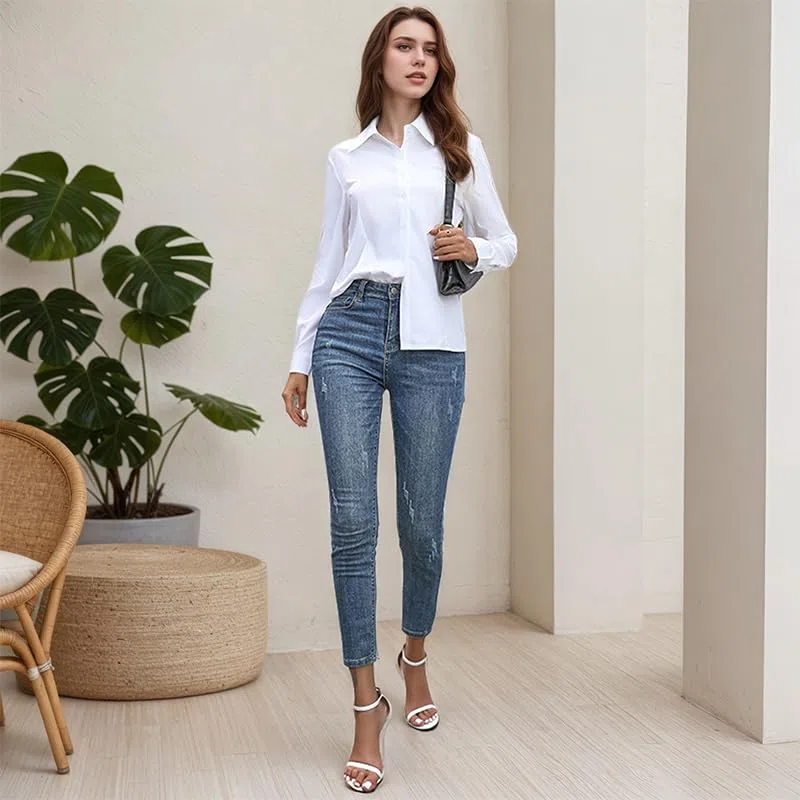 Camicie Bianche per Le Donne,Pulsante a Maniche Lunghe Top Casual,Tops Stretch di Base per I'ufficio