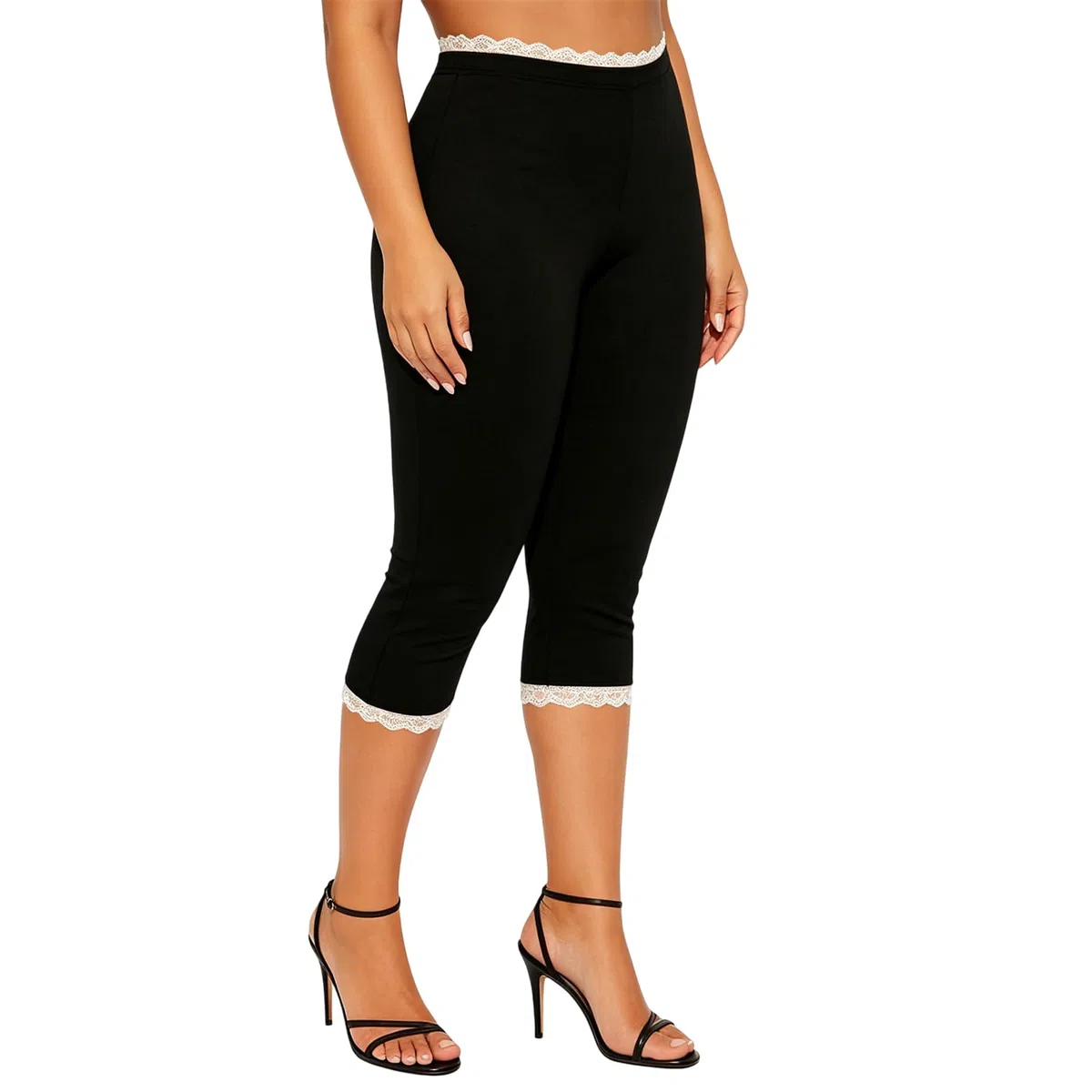 Leggings Capri con bordo in pizzo per donna a vita alta tinta unita slim fit pantaloni corti casual loungewear pantaloni