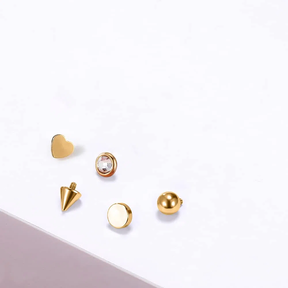PunkTracker Kit per piercing dermico in acciaio chirurgico 316L, 10 pezzi, con opale e filettatura interna dorata