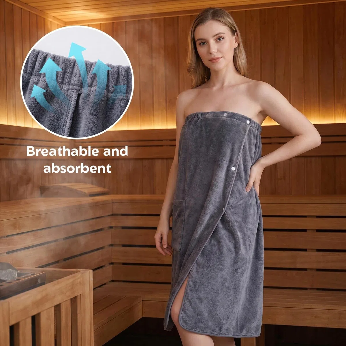 Kilt da Sauna Donna Morbido Sulla Pelle e Assorbente Asciugamano da Sauna con Bottoni Tasche e Elastico Accappatoio da Sauna Chiaro Accessorio Spa (Grigio)