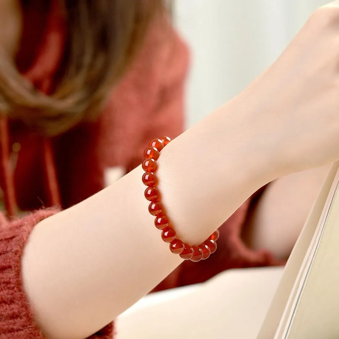 YDYDTTKD Bracciale in Giada Rossa per Donna Uomo, Pietre Preziose di Agata Corniola, Calcedonio e Perline Elasticizzate
