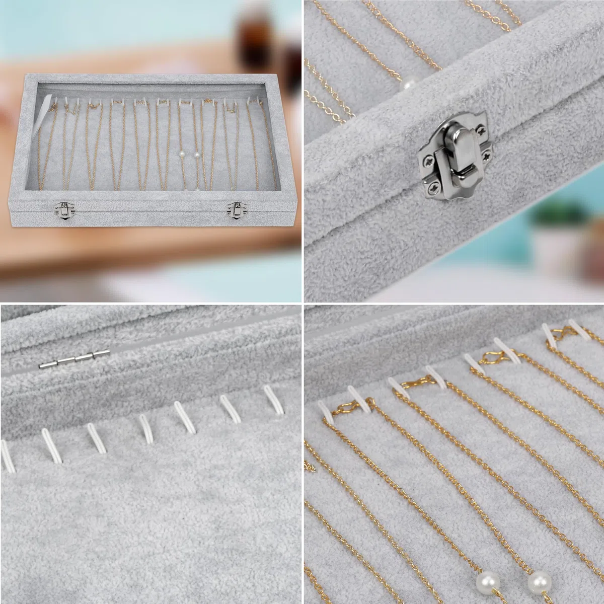 BELLE VOUS Porta Collane da Tavolo Espositore Gioielli Velluto Grigio - 20 Ganci e Coperchio in Vetro Chiusura a Chiave - Porta Gioielli Donna Impilabile - Espositore Collane, Orecchini e Bracciali