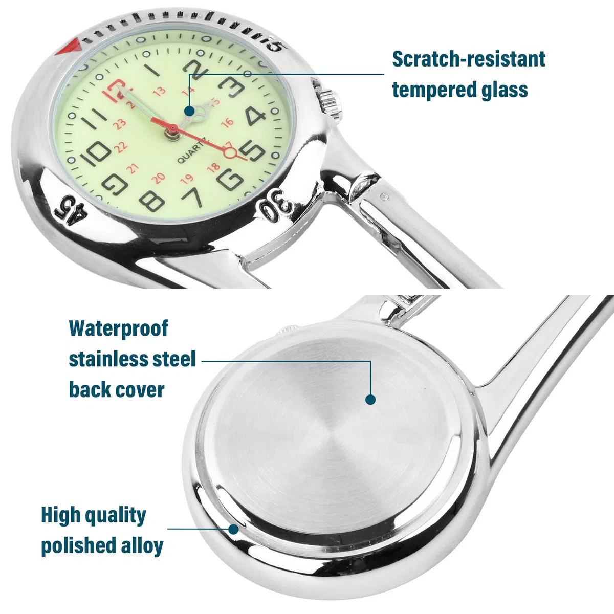 Clip-on Watch Orologio Sportivo con Moschettone, Orologio Infermiere Bagliore Al Buio Orologio Al Quarzo Multifunzione Orologio da Tasca per Dottore Infermiera Arrampicata
