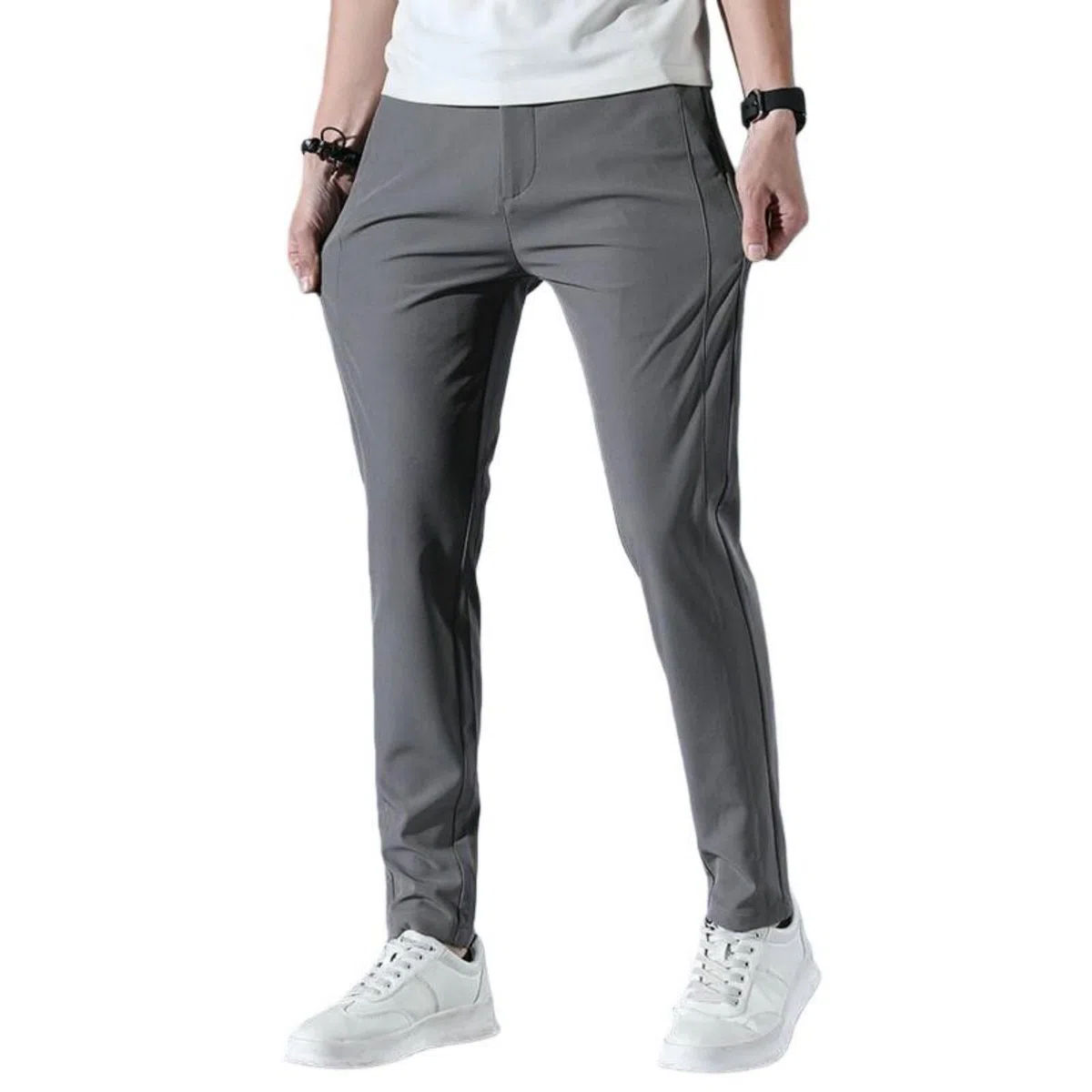 Pantaloni per il tempo libero da uomo primaverile estate gelato seta elastico in vita tinta unita, grigio scuro., 42