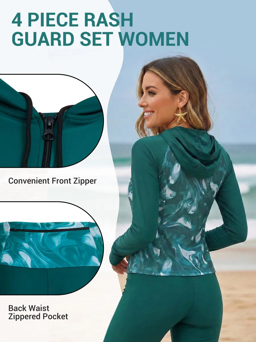 Owntop Costume da bagno da donna a maniche lunghe, protezione UV, con reggiseno integrato, set di 4 pezzi con protezione dai raggi UV per nuoto, surf e vacanze al mare