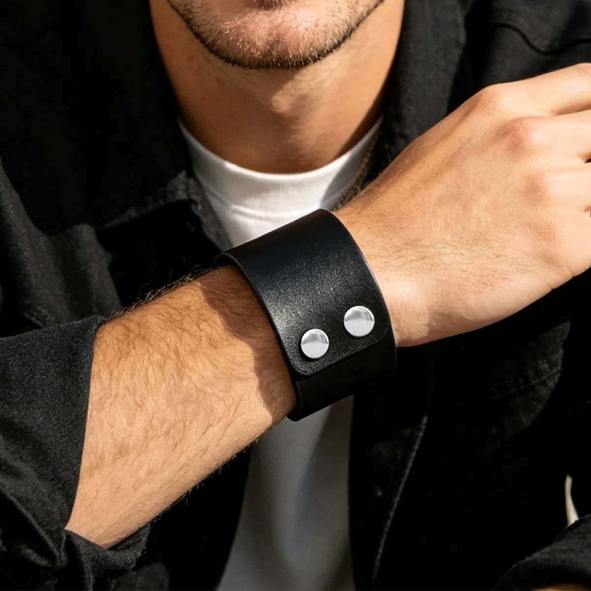 Bracciale Uomo Pelle, Polsino Largo Regolabile Stile Vintage, Fascia Protezione Polso Retrò Nero per Feste, Costumi Halloween, Regalo per Ragazzi Padri