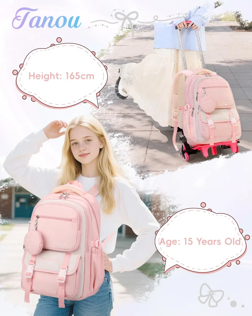 Tanou Zaino Scuola Trolley Sganciabile per Scuola Elementare e Media, 30L | Zaino Rotelle Bambina Casual, Zaino da Viaggio con Ruote per Ragazza Adolescente, Rosa