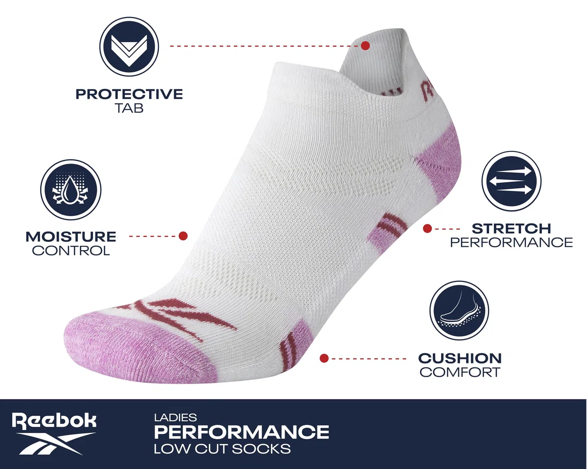 Reebok Calzini da donna alla caviglia, confezione da 6 paia di calzini sportivi a taglio basso da donna con linguetta anti-vesciche (4-10)