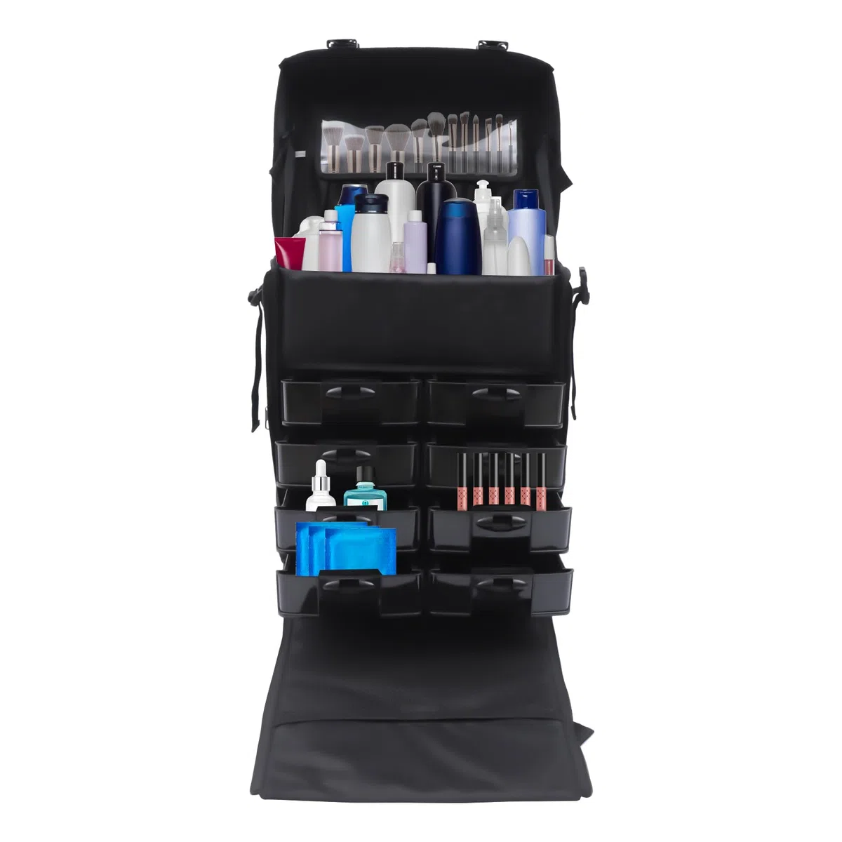 Valigetta cosmetica 2 in 1, per trucchi, colore nero, grande valigetta da parrucchiere con 8 cassetti, ruote professionali