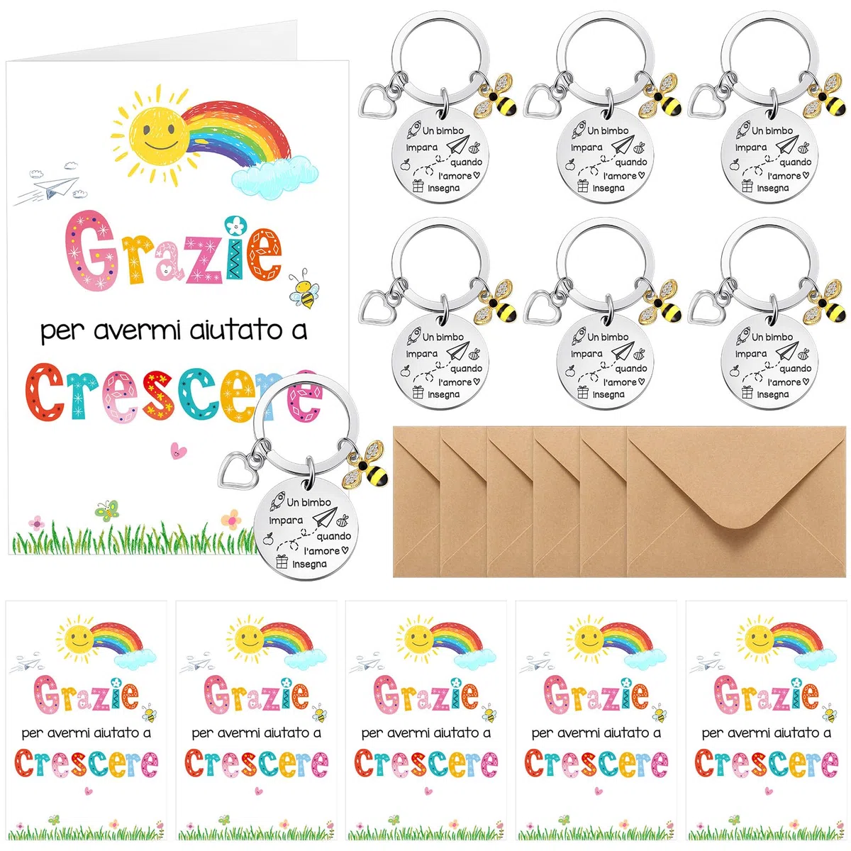 Clabby 6 Sets Idee Regali Maestre di Fine Anno Regalo per Insegnante 6 Portachiavi Insegnanti 6 Biglietti d'Auguri di Arcobaleno 6 Buste per Laurea Asilo Scuola Elementare Professoressa