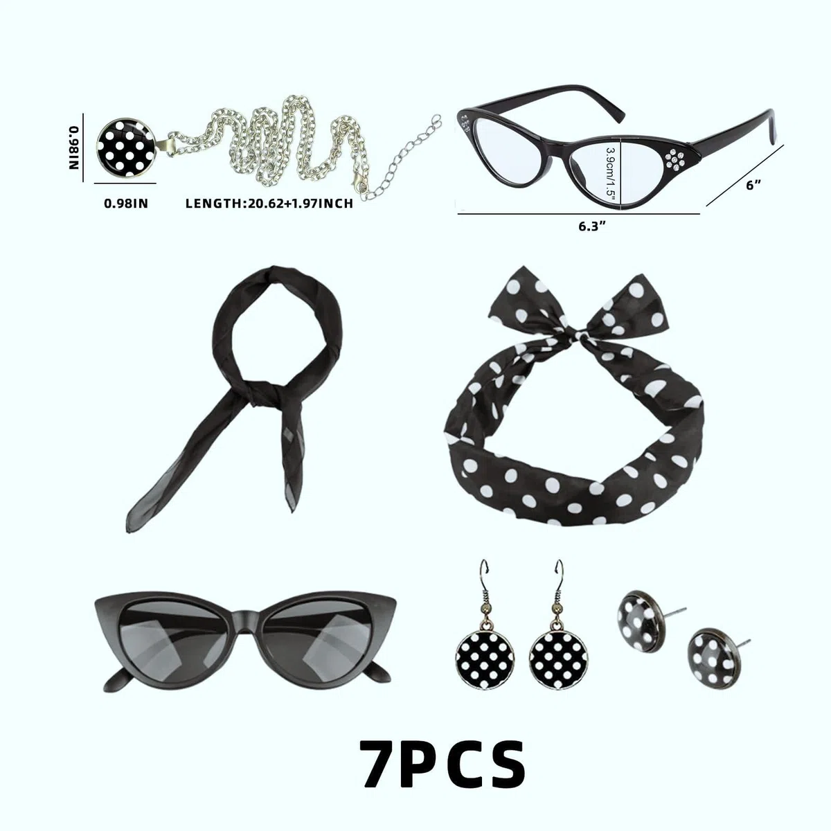 Anni Compleanno Donna - Set di Accessori Vintage per Feste degli Anni '50, 7 Pezzi Completo con Cravatte, Vestiti Grease e Accessori Unisex