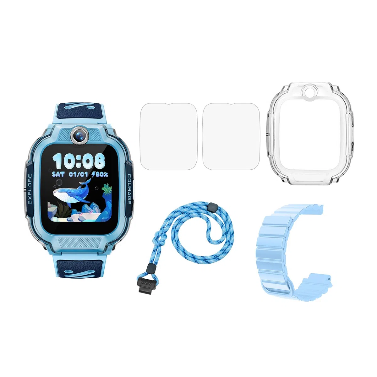Set 4 in 1, compatibile con la custodia protettiva per display e cinturino in silicone e cordino, protegge il set di combinazione di orologi del tuo bambino (blu Z3)