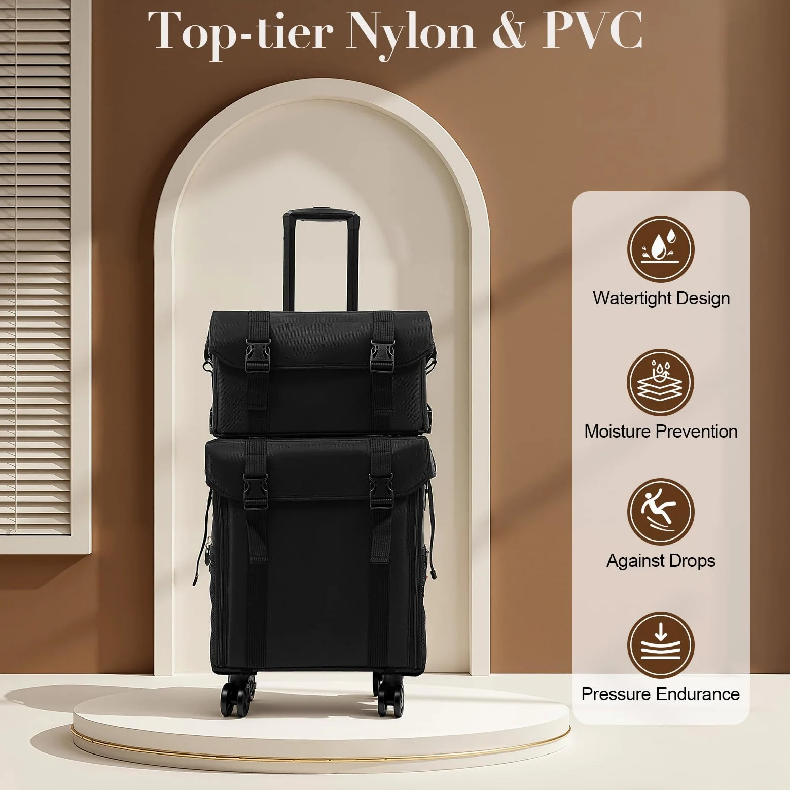 Valigetta cosmetica trolley 2 in 1 con 8 cassetti, grande trolley cosmetico con ruote, per trucchi, per viaggi, colore nero