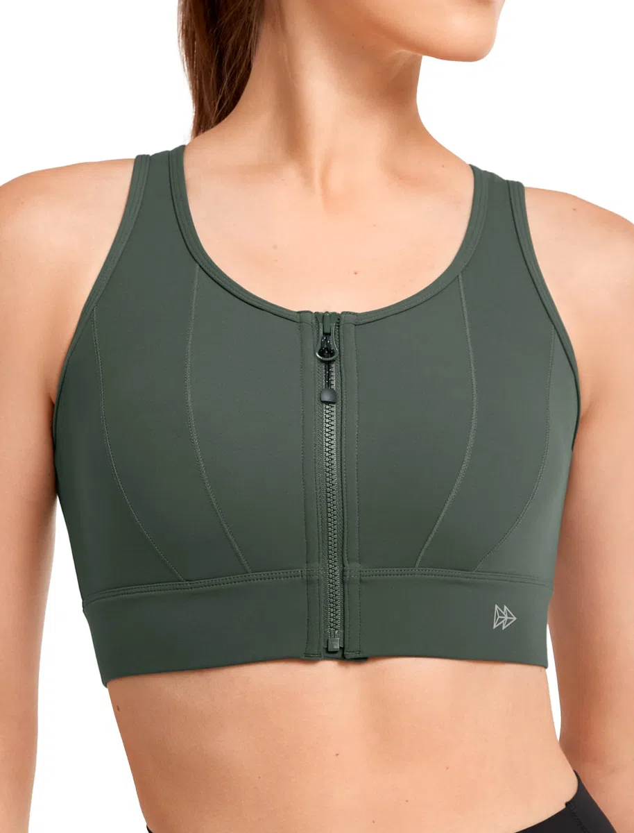 Yvette Reggiseno sportivo con chiusura frontale per le donne ad alto supporto grande busto di supporto reggiseno sportivo ad alto impatto per la corsa, verde scuro, S