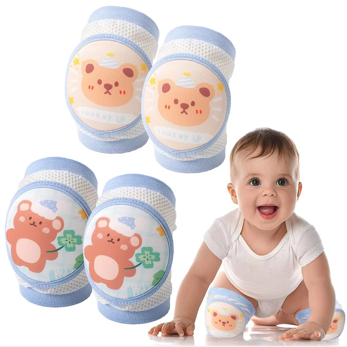 2 paia di ginocchiere per gattonare, ginocchiere per gattonare, ragazze e ragazzi, con resistenza allo scivolo, elastico e confortevole, piccolo orso marrone + piccolo orso