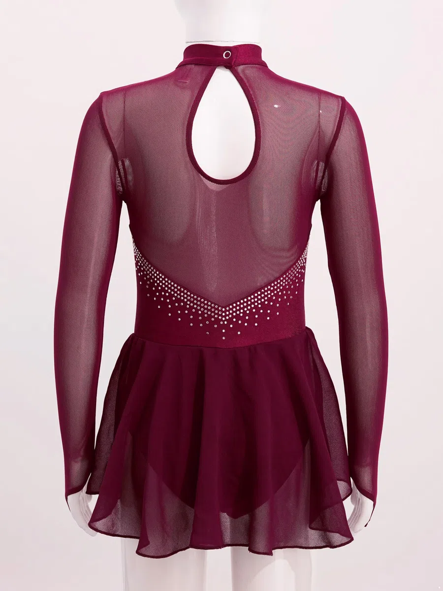 Bambina Bambina Abito Pattinaggio Artistico Strass Manica Lunga Abito Danza su Ghiaccio Body Ginnastica Brillante Costume Abbigliamento Danza Anni