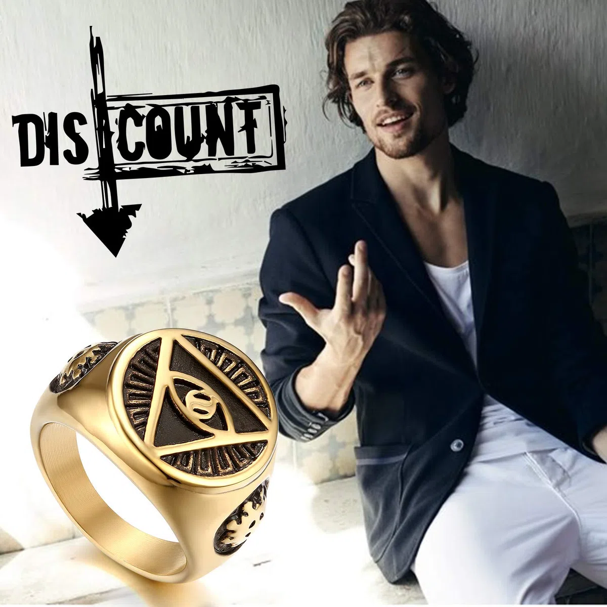 JewelryWe Anello da Uomo Religione Simbolo Triangolare di Piramide con occhio in Acciaio Inossidabile Regalo Colore Argento Oro