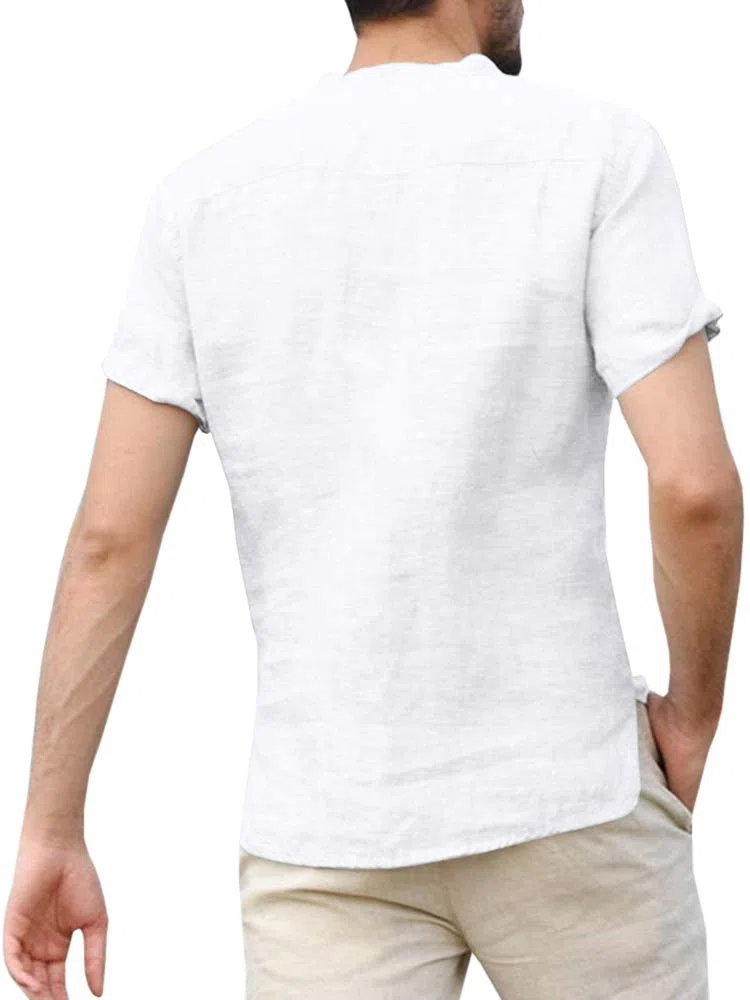 Runcati Henley - Camicia da uomo in lino, a maniche corte, per il tempo libero, estiva, per uomo
