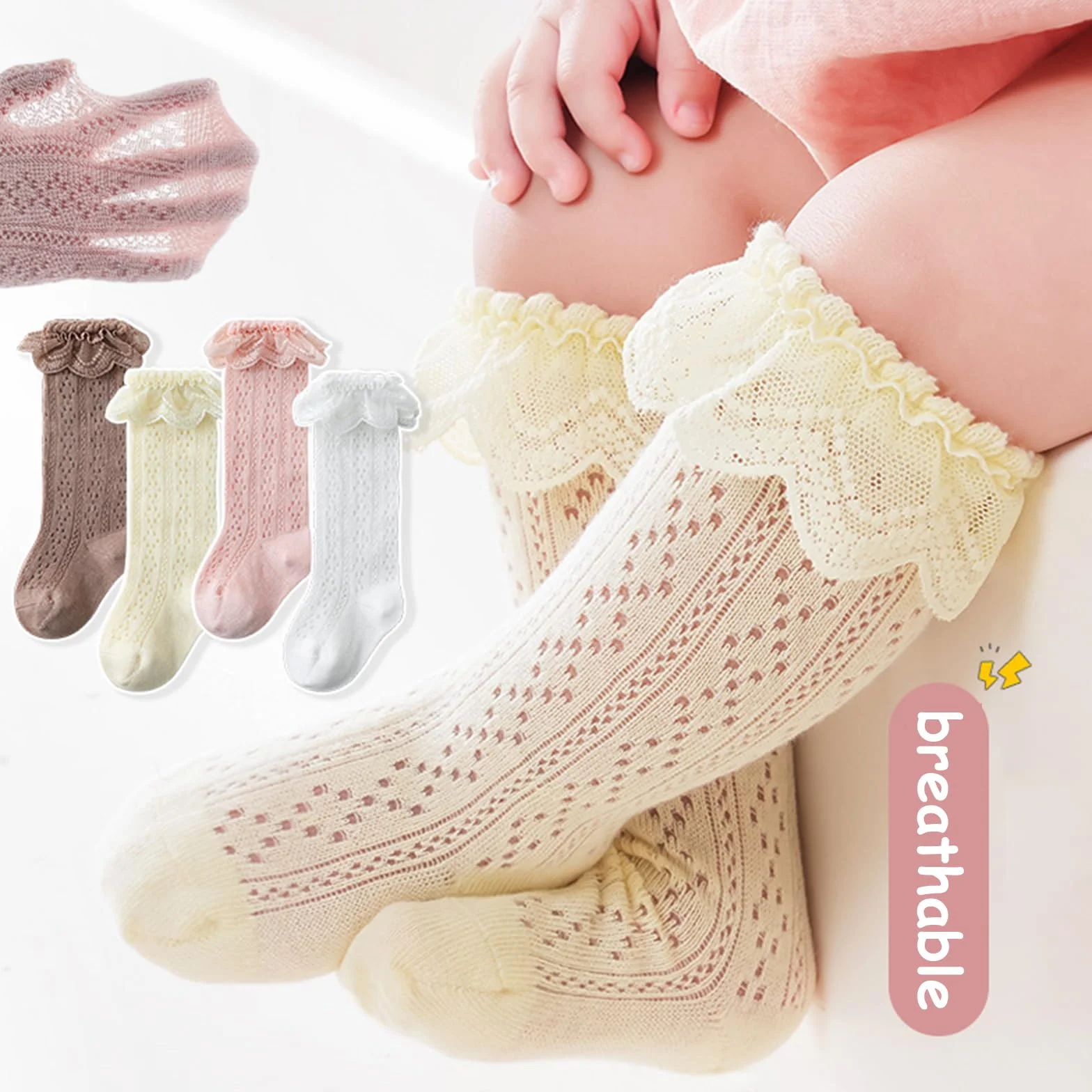 QKURT 4 paia di calzini alti fino al ginocchio per bambine, calze di cotone in pizzo, calzini estivi lunghi e uniformi in maglia sottile per bambini piccoli dai 6 mesi ai 3 anni