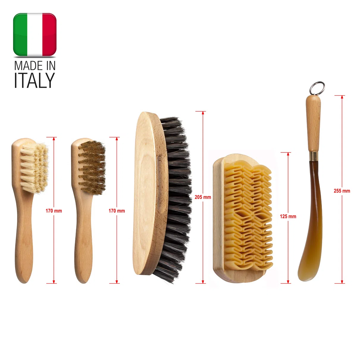 set per la pulizia e la cura delle scarpe. Spazzolino spandilucido + spazzolino per camoscio + spazzola per nabuk + spazzola grande in crine rinforzato + calzante. Ottimo per stivali emu e ugg.