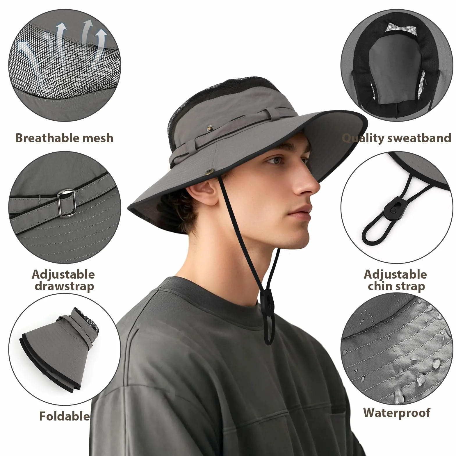 Cappello da Sole Unisex Anti UV, Cappello da Pescatore Pieghevole a Tesa Larga, Leggero Cappello Boonie Traspirante Cappello Safari, Esterno Bucket Hat Donna Uomo Cappello Estivo Ripiegabili