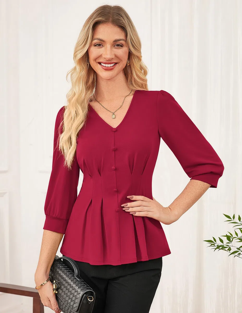GRACE KARIN Maglietta da Donna Elegante Autunnale con Scollo a V Casual Elasticizzata con Pieghe e Maniche a Lanterna.