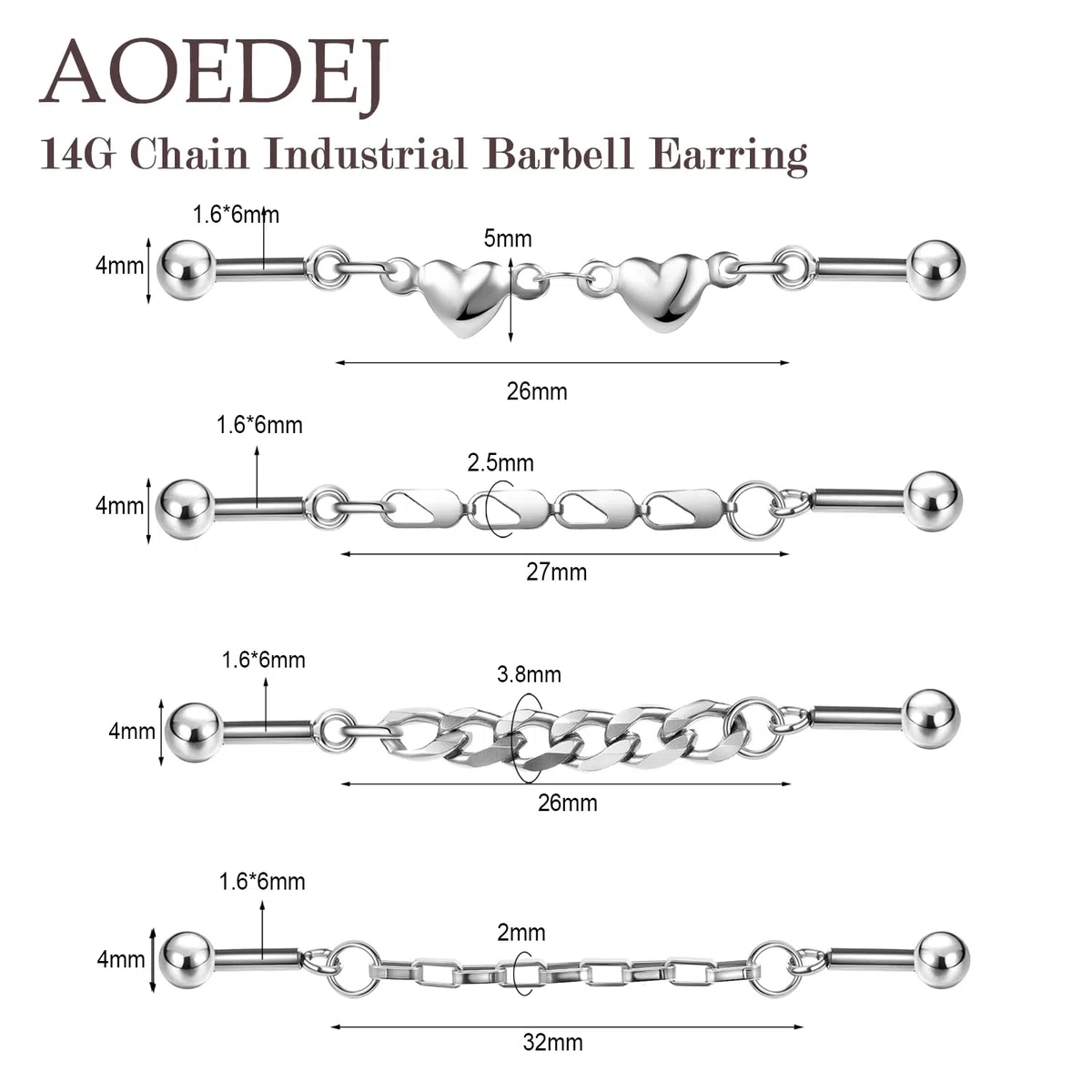 AoedeJ 4Pcs 14G piercing industriale gioielli catena oro industriale bilanciere 316L acciaio chirurgico ipoallergenico cartilagine Helix orecchini per donne uomini