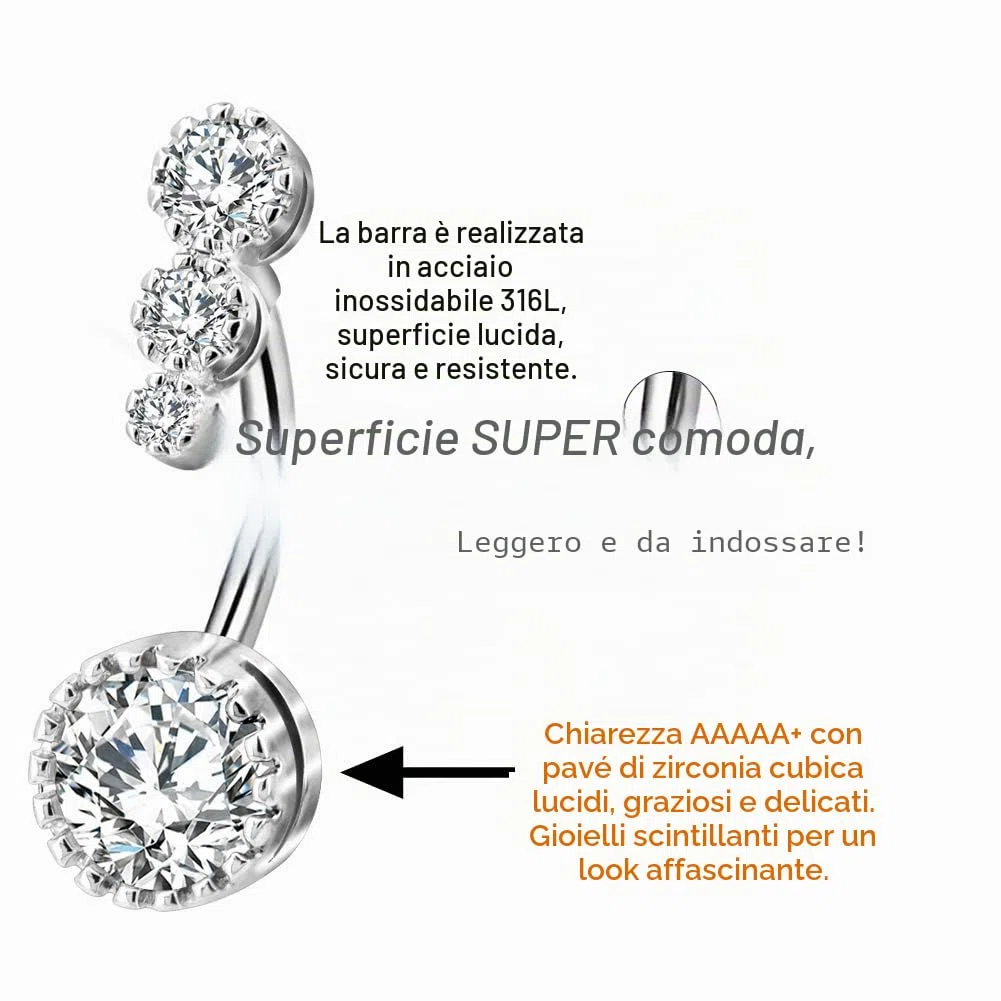 OUFER, piercing per ombelico in acciaio chirurgico 316L, con zirconia cubica trasparente