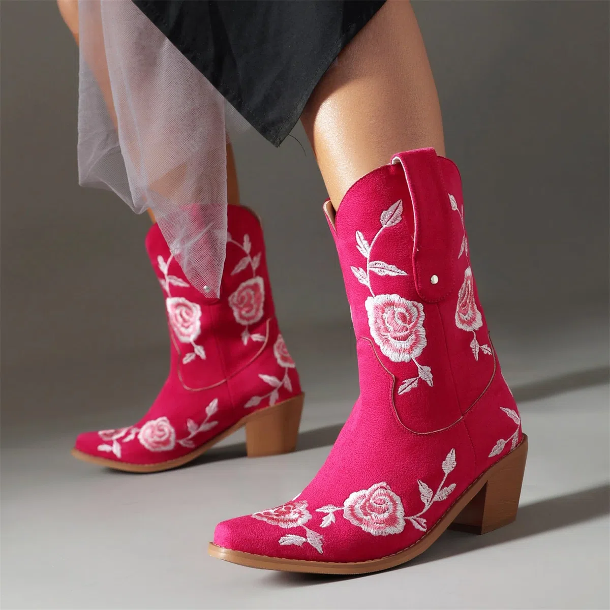 MEECHI Stivali Corti con Ricami Floreali Boots da Cowboy Western da Donna Stivaletti retrò con Tacco A Blocco Scarpe alla Caviglia con Punta Quadrata for Feste, Country, Concerti
