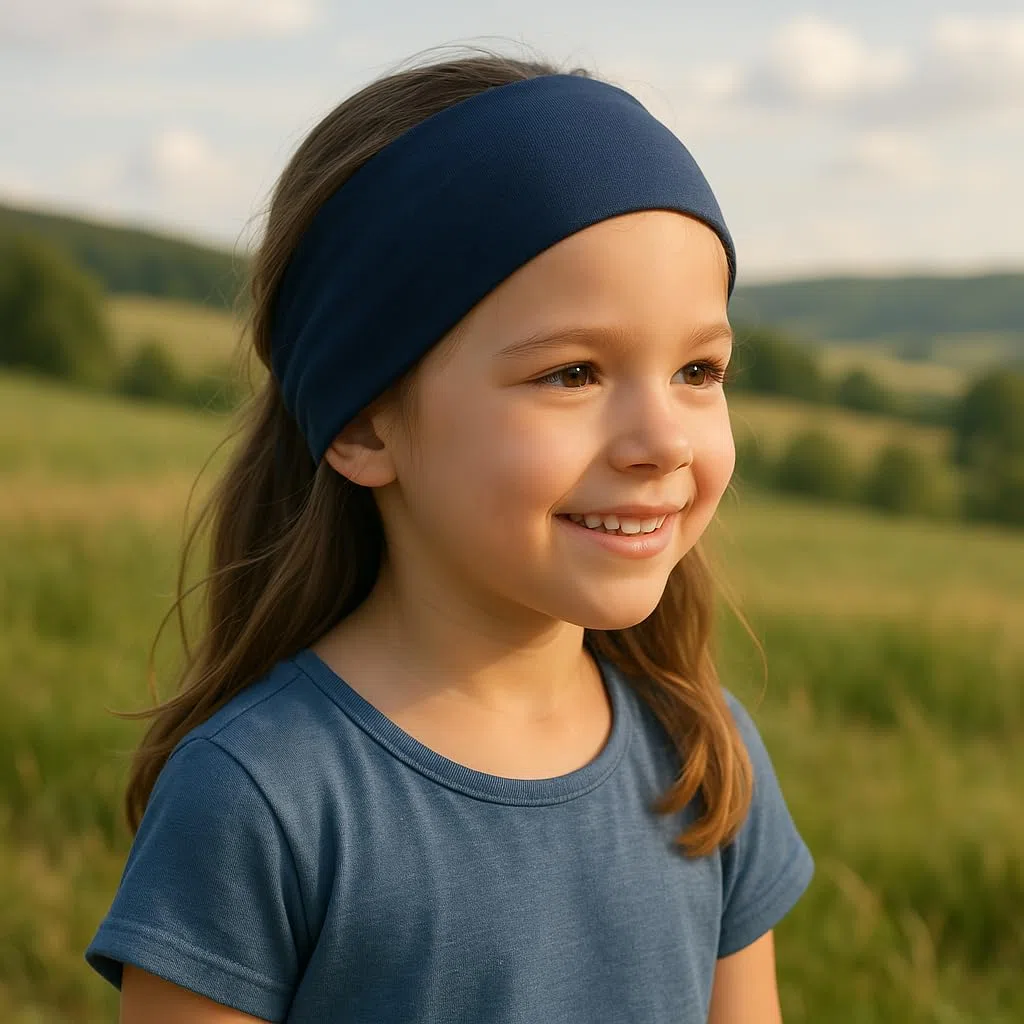Wollhuhn ÖKO - Fascia elastica per capelli per bambini/ragazzi/ragazze, comoda e a doppio strato, in jersey, molti motivi (tinta unita blu scuro)