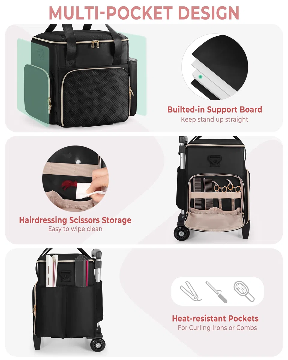 Borsa Trolley da Viaggio per Parrucchieri, Borsa Porta-Attrezzi con 2 Pochette Rimovibili e Strato Termoisolante, Valigia su Ruote per Cosmetica e Make-up, Nero