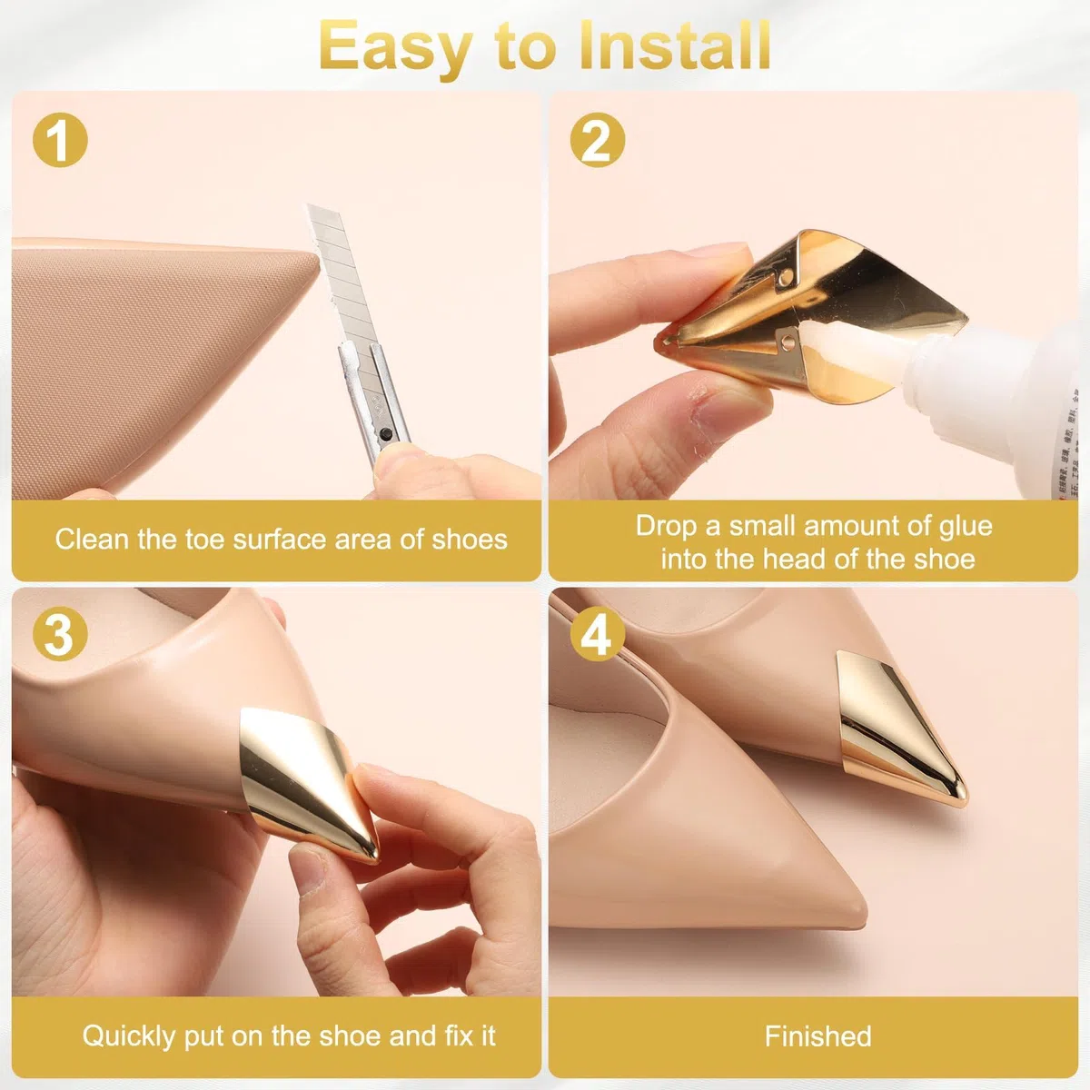 QUARKZMAN 2Pz Para-Punta Metallico per Scarpe Copri-Punta Tacchi Alti Riparazione Punte Protezione Scarpe Eleganti, Protezione Punta Scarpe da Sera (Oro, 32mm)