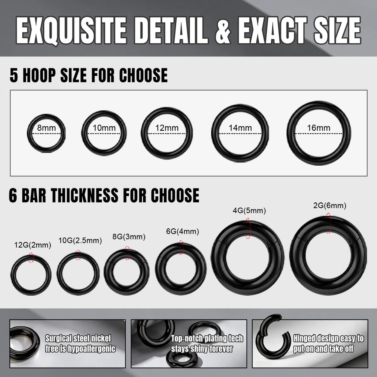 Nero Clicker a Segmento Incernierato Pa Rings, 2G 4G 6G 8G 10G 12G Grande Bcr Anelli, Acciaio Chirurgico Piercing Naso Septum Piercing Orecchio