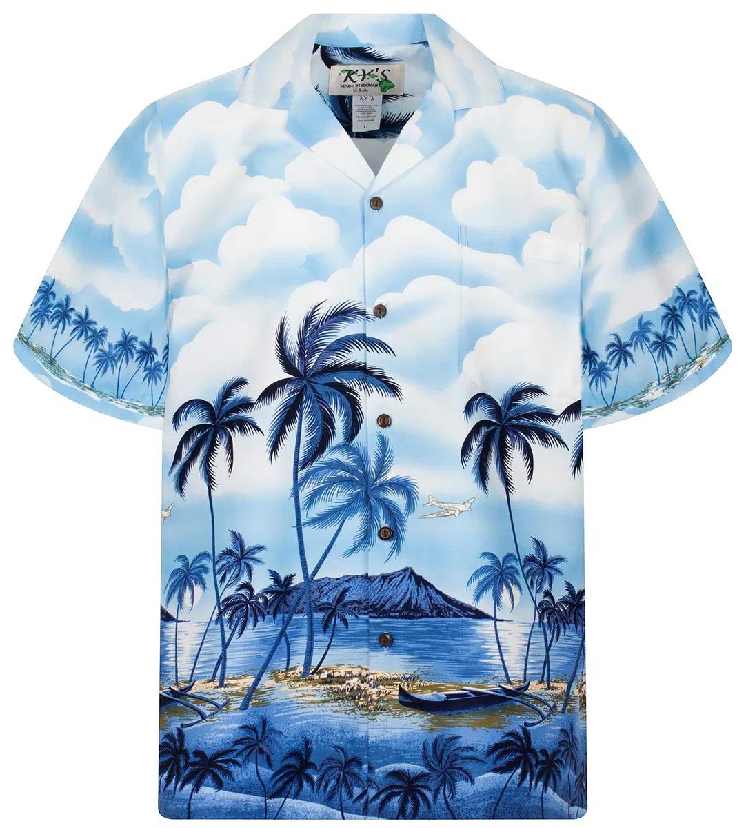 KY‘s | Original Camicia Hawaiana | Signori | S - 6XL | Maniche Corte | Tasca Frontale | Hawaii Stampa | Palme | Spiaggia | Blu