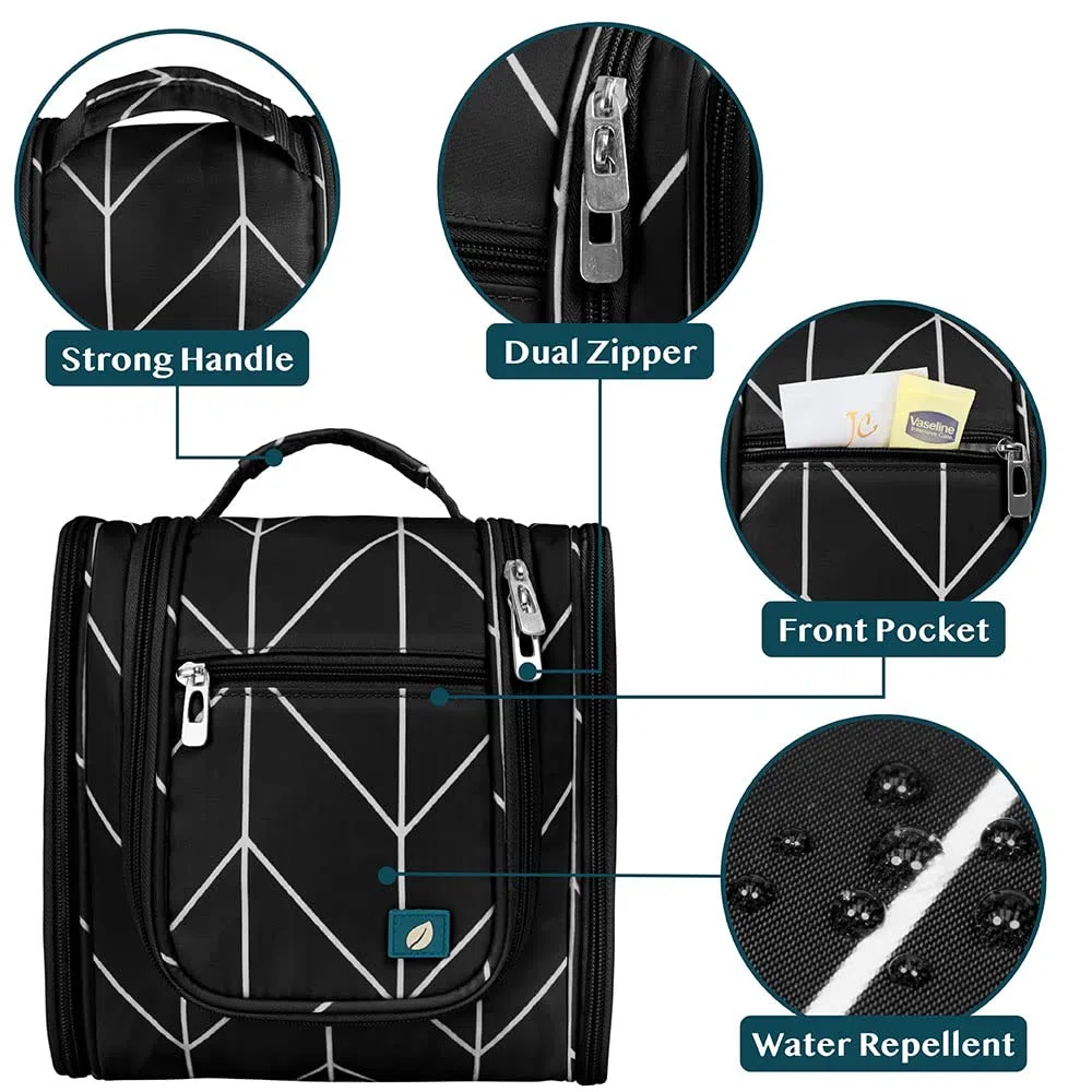 PAVILIA Hanging Toiletry Bag for Women Men, Travel Toiletry Bag Organizer for Toiletries, Cosmetics, Makeup Bag with Mesh, Water Resistant Pockets (Black Chevron)