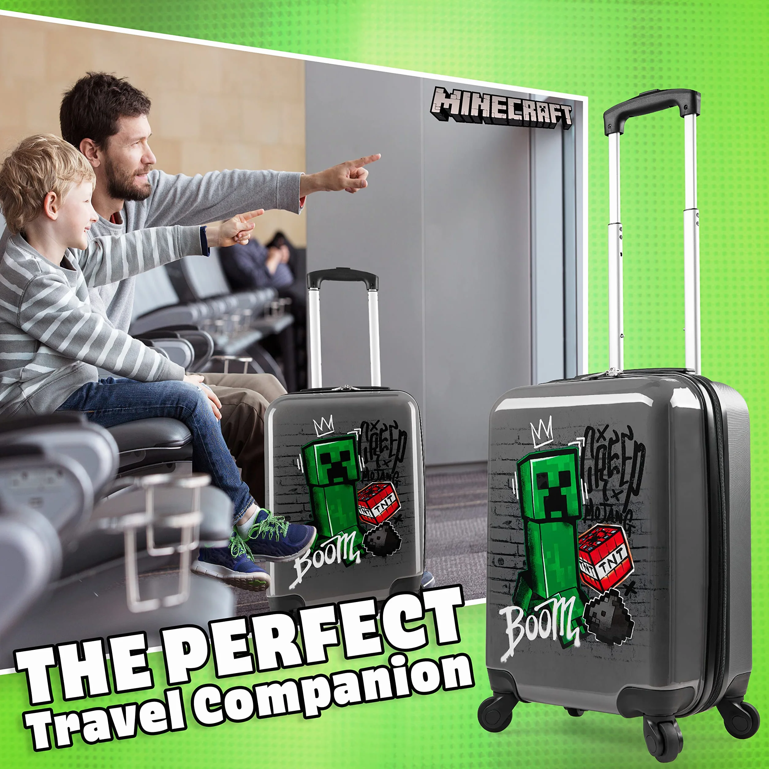 MINECRAFT Valigia Bambino Creeper Trolley Bambino Rigido 4 Ruote Valigia per Bambini da Viaggio Regali per Gamer (S(L49cm x W33, 30L), Grigio)