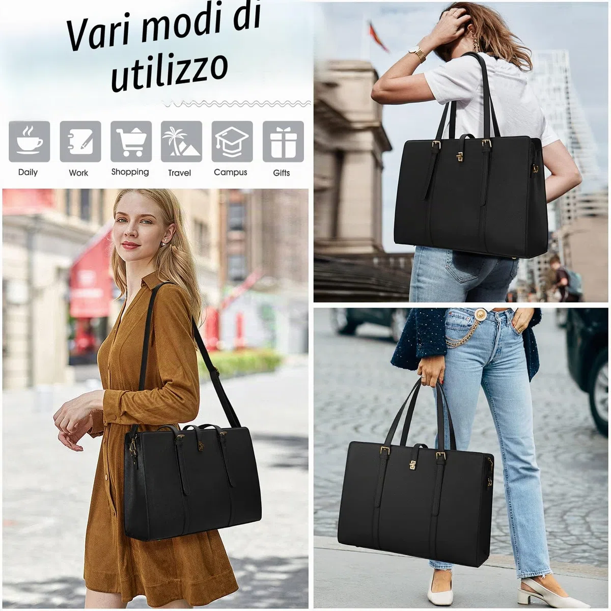 IGOLUMON Grande Borsa Lavoro Donna Porta PC 15.6 Pollici per PC Computer Impermeabile Università Scuola Tote a Tracolla Shopper in Pelle PU per Business Nero