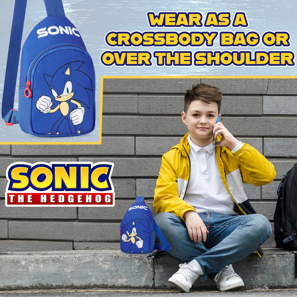 Get Trend SONIC THE HEDGEHOG Borsa Tracolla Bambino, Scomparto con Cerniera e Tracolla Regolabile, Idea Regalo per Gamer
