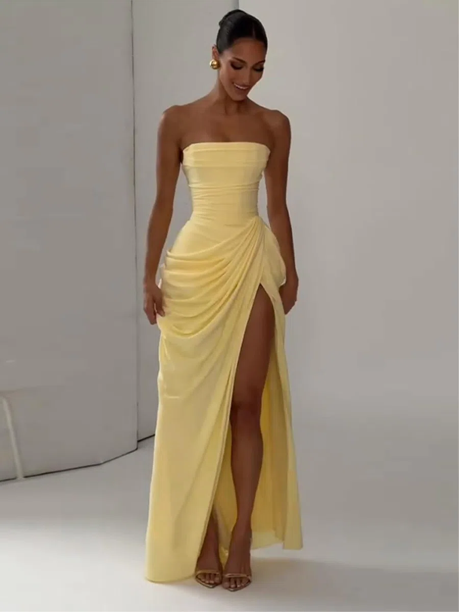 Vestito Elegante Abito da Festa Senza Cinturine Donna - Split Maniche Piegato in Vita per La Primavera, Sera E Gli Eventi Speciali-Yellow-s