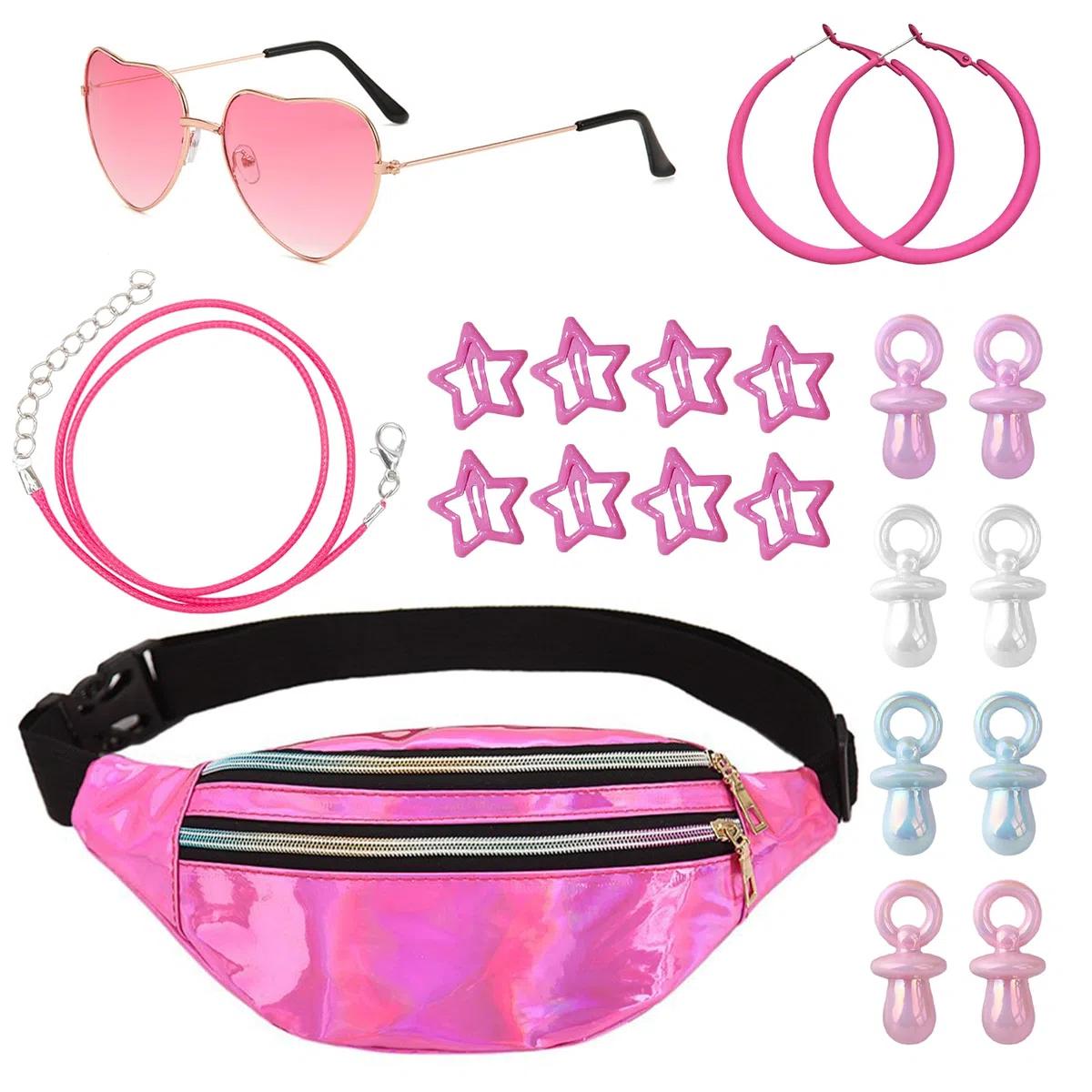Outfit anni '90 da donna, 20 pezzi di accessori anni '90 con marsupio da donna, occhiali a cuore, orecchini, fermaglio a stella, catenina rosa con ciondolo per accessori hippie, outfit da festival e
