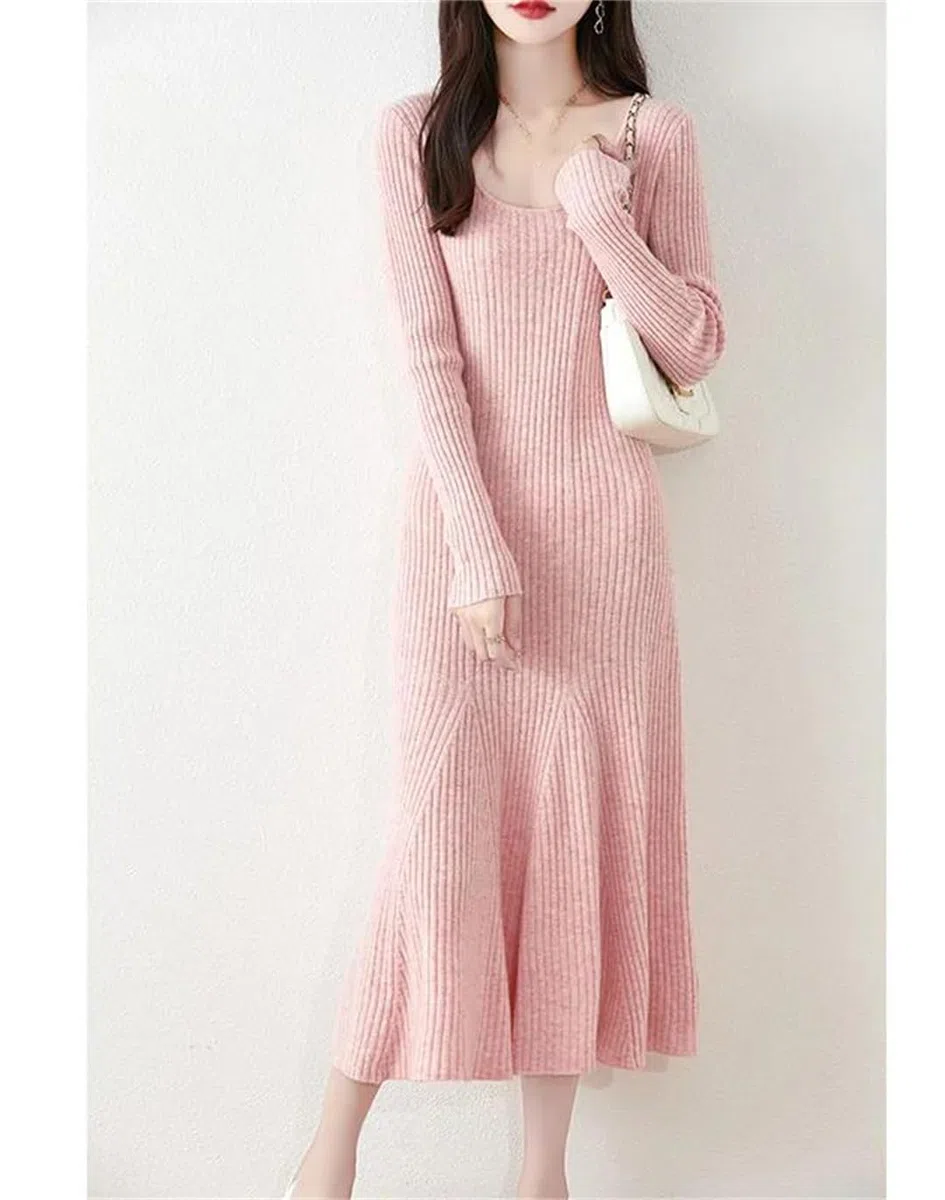 SAeWare Abito da donna in maglia di lana tinta unita con scollo a U gonna a coda di pesce abiti casual a righe autunno inverno, Pnnrk-XL