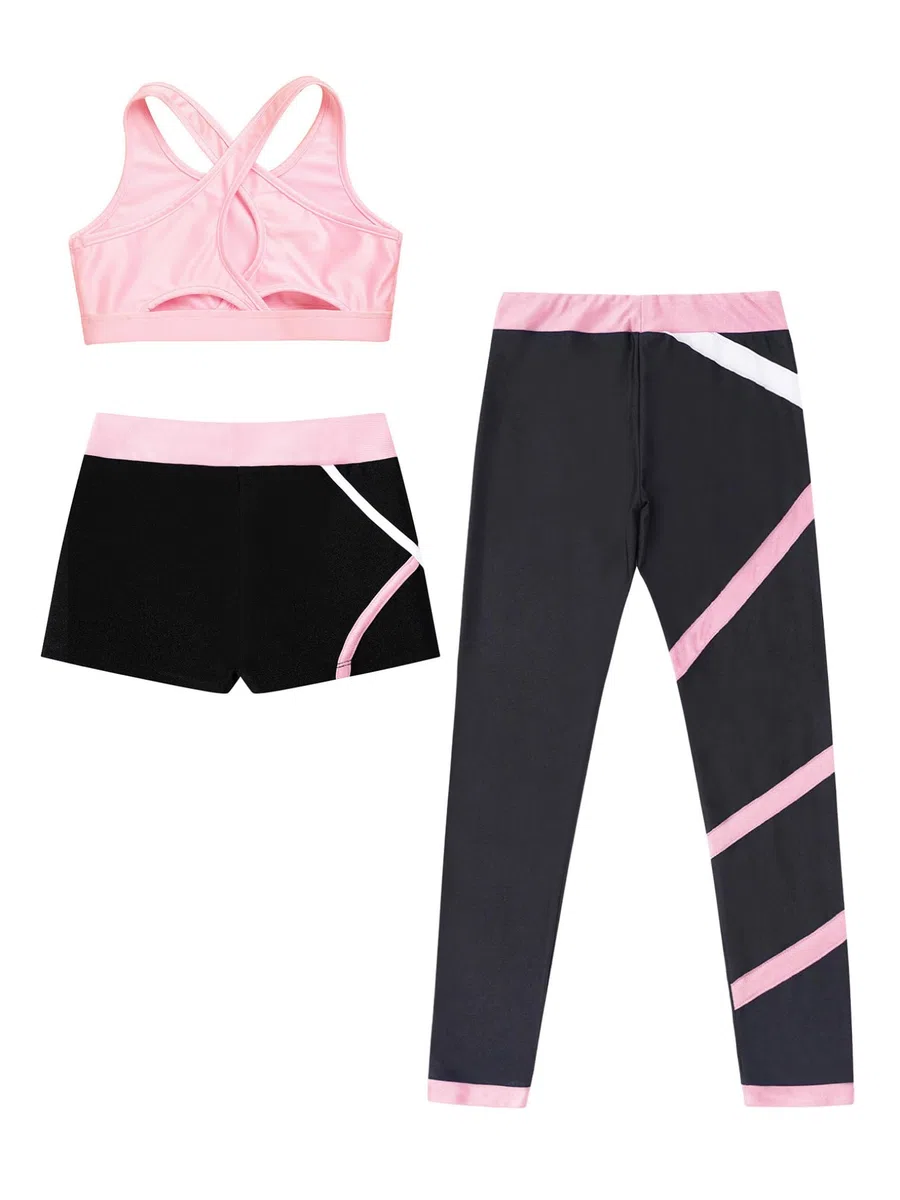 3-Set Completo Sportivo Bambina Tuta Ginnastica Artistica Crop Top Reggiseno Sportivo + Pantaloni da Jogging Leggings Sportivi + Pantaloncini Sportwear